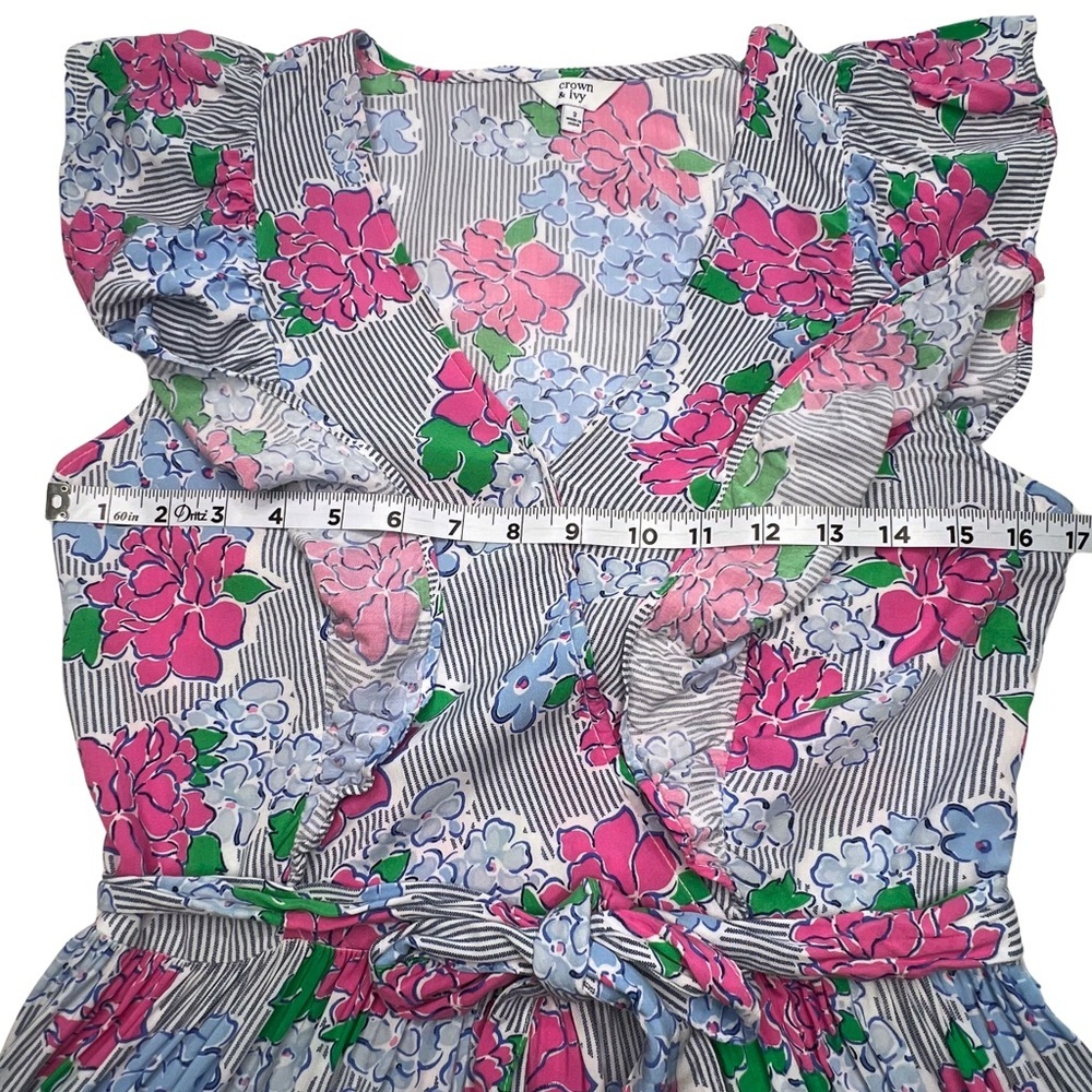 crown & ivy Dress Women's Hello Spring Flutter Sleeve Floral Midi Pink Blue 2 XS - Picture 11 of 17